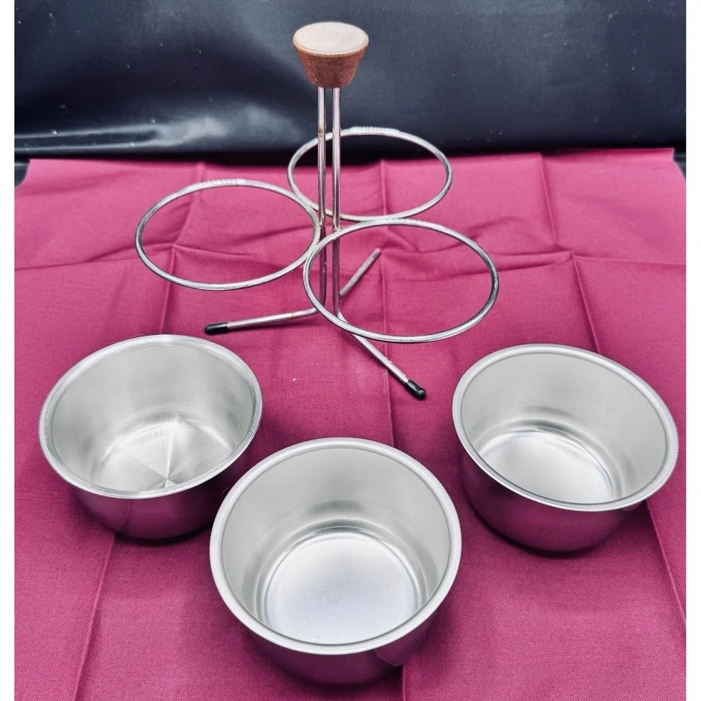 Vintage Stainless‎ Steel Condiment Caddy With Round Wood Handle MCM